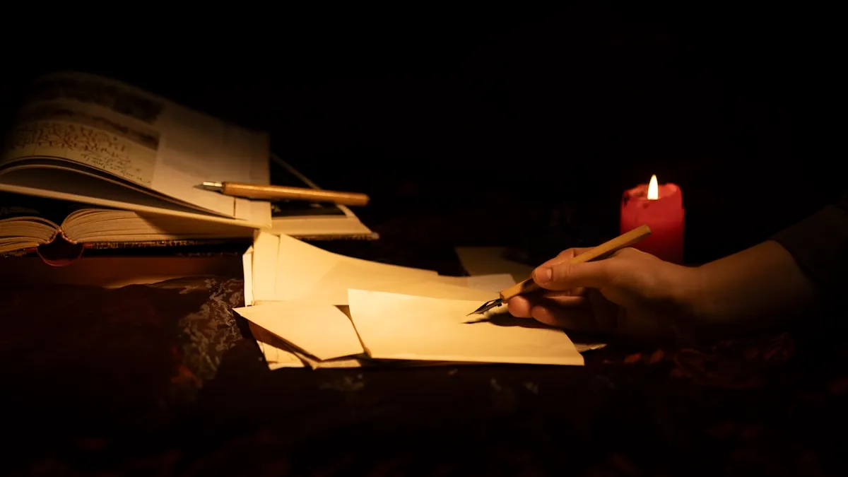 Mão escrevendo à luz de vela sobre papel, com um caderno aberto ao lado, num gesto íntimo de escuta de si.